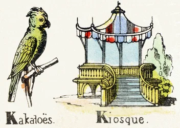 K - kakadu-kiosk - Barnunderhållningsalfabet, omkring 1890