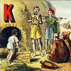 K: Kabylien. Kabylien är ett land som ligger i Afrika. Det är bebott av kabyler - gravyr utvunna från det geografiska alfabetet. Guerin-Muller et Cie, förlag, Paris