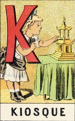 K: Kiosk - Gravyr hämtad från ABCD av små flickor. Pellerin & Cie, tryckare-förlag, Epinal, omkring 1890. Serie A. Mått: 19 x 13,5 cm.