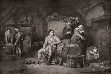 Kung Alfred i Neatherds Cottage. Alfred den store, ca 848-899. Kung av Wessex. Legenden berättar att när Alfred flydde till Somerset Levels fick han skydd av en bondkvinna som, ovetande om hans identitet, lämnade honom att titta på några kakor som hon hade