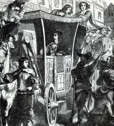 Kung Karl I hyllas av folkmassan efter det misslyckade försöket att gripa de fem parlamentsledamöterna John Pym, John Hampden, Denzil Holles, William Strode och Arthur Haselrig den 4 januari 1642. 1800-talet (gravyr från "History of the world")