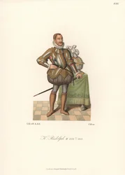 Kung Rudolf II, tysk-romersk kejsare, kung av Böhmen, ärkehertig av Österrike (1552-1612). I spetskrage, gulddekorerad plåtrustning, slitsade vadderade strumpbyxor och ringbrynjestrumpor. Kromolitografi från Hefner-Altenecks Costumes, Artworks and Applianc