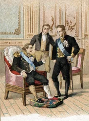 Frankrikes kung Ludvig XVIII (1755-1824) mycket sjuk säger "kungen kan dö, han får inte vara sjuk" till Joseph de Villele i augusti 1824. 1800-tal (kromolitografi)
