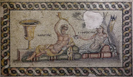 Kratos (Cratos) och Euphrosyne (Euthymia) - Mosaik, Akratos och Euphrosyne, Zeugma Mosaikmuseum, Gaziantep, Region Sydöstra Anatolien, Anatolien, Turkiet, Asien