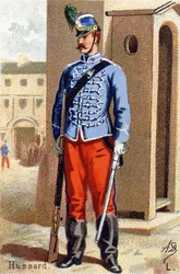 L: Hussard. Gravyr i "Militäralfabetet". Illustratörens initialer: A. D. Okänd utgivare. Kromolitografier från slutet av 1800-talet. Mått: 10,5x7 cm.