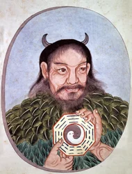 Den legendariske kinesiske kejsaren Fu Hi, en av grundarna av taoismen (2582 f.Kr.), bär medaljongen med Yin och Yang, kinesisk gravyr, slutet av 1700-talet