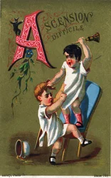 Bokstav A: Svår uppstigning. Gravyr i "Alphabet des grotesques". Serie om 25 reklamkromolitografier på en dore-bakgrund, sent 1800-tal. Mått: 11x7 cm