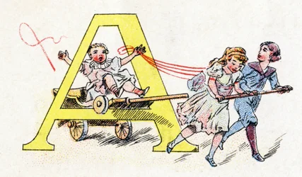 Bokstav A: Hitch Fun. Alfabetet av Phosphatine Falieres. Gravyr. Brevete-alfabetet S.G.D.G. av apotekaren Pierre Emile Falieres. Illustrationer i kromolitografi, sent 1800-tal. 16 sidor. Mått: 103x154mm