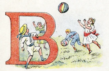 Bokstaven B Ballong. Alfabetet av Phosphatine Falieres. Gravyr. Brevete-alfabetet S.G.D.G. av apotekaren Pierre Emile Falieres. Illustrationer i kromolitografi, sent 1800-tal. 16 sidor. Mått: 103x154mm