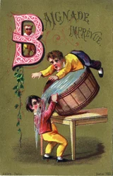 Bokstav B: Impreviewed bad. Gravyr i "Alphabet des grotesques". Serie om 25 reklamkromolitografier på en dore-bakgrund, sent 1800-tal. Mått: 11x7 cm