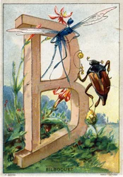Bokstaven B som Bilboquet. Herr Mariniers konstnärliga alfabet. Redigerad av Henry Sicard, sent 1800-tal. Reklamkromolitografier för produkter som säljs på apotek. Mått: 12,5 x 9 cm