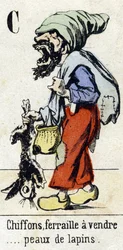Bokstav C "Trasor, metallskrot till salu... kaninskinn." Alfabetet "Barns kul". Avbildning av Epinal, cirka 1890. Populär serie. Litet häfte på 8 sidor. Stencilerade trästick på temat små gatumetier och Paris rop