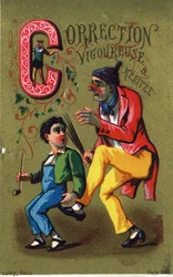 Bokstav C: Stark och meriterande korrigering. Gravyr i "Alphabet des grotesques". Serie om 25 reklamkromolitografier på en dore-bakgrund, sent 1800-tal. Mått: 11x7 cm