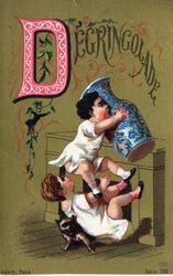 Bokstav D: Degringolade. Gravyr i "Alphabet des grotesques". Serie om 25 reklamkromolitografier på en dore-bakgrund, sent 1800-tal. Mått: 11x7 cm