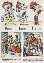 Bokstaven D, E och F: dansare, grossist och infanteri. Alfabetet i den östra berättelsen. Avbildning av Epinal, cirka 1890. Populär serie. Litet häfte på 8 sidor. Mått: 205x150mm. Stencilerade trästick på temat metier