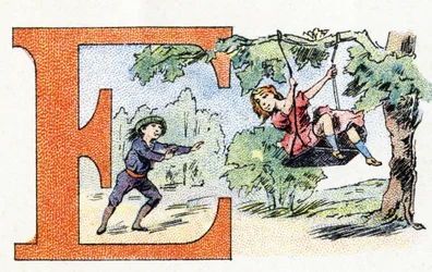 Bokstaven E: Scarpolette. Alfabetet av Phosphatine Falieres. Gravyr. Brevete-alfabetet S.G.D.G. av apotekaren Pierre Emile Falieres. Illustrationer i kromolitografi, sent 1800-tal. 16 sidor. Mått: 103x154mm