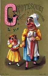 Bokstaven G: Grotesker antagna till utställningen. Gravyr i "Alphabet des grotesques". Serie om 25 reklamkromolitografier på en dore-bakgrund, sent 1800-tal. Mått: 11x7 cm