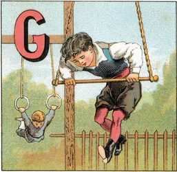 Bokstaven G för gymnastik. Gravyr i "Alphabet des petits ecoliers". Avbildning av Epinal, cirka 1885. Privee Collection