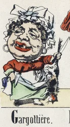 Bokstaven G: gargottiere. Alfabetet i den östra berättelsen. Avbildning av Epinal, cirka 1890. Populär serie. Litet häfte på 8 sidor. Mått: 205x150mm. Stencilerade trästick på temat metier