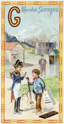 Bokstaven G: glaciär, gendarme, gazometer, unge, station, krigare, skovel, gitarr. Gravyr av alfabetet redigerad av Chocolat Suchard, början av 1900-talet. 24 kromolitografier som representerar platser, karaktärer och föremål som ska upptäckas i bilden