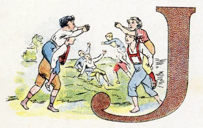 Bokstav J: Spel. Alfabetet av Phosphatine Falieres. Gravyr. Brevete-alfabetet S.G.D.G. av apotekaren Pierre Emile Falieres. Illustrationer i kromolitografi, sent 1800-tal. 16 sidor. Mått: 103x154mm