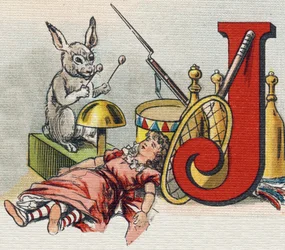 Bokstaven J: leksaker. Gravyr i "Alphabet de ma petite fille". Bernardin-Bechet och Fils, bokhandlare-förlag, Paris, omkring 1895. Okrossbart album på duk. Bibliotheque des Bebes. 12 sidor. Album innehållande en läsmetod och en illustrativ abecedary
