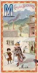 Bokstaven M: berg, spegel, maskin, tillverkning, kappa, tiggare, kvarn. Gravyr av alfabetet redigerad av Chocolat Suchard, början av 1900-talet. 24 kromolitografier som representerar platser, karaktärer och föremål som ska upptäckas i bilden. Dämpa: