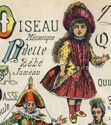 Bokstaven O. Gravyr i "ABC Toys". Epinal avbildning i kromolitografi, ca 1890. Litet häfte om 8 sidor. Mått: 195x135mm, avsedd att ta emot annons i 4:e omslaget. Används hemma, den erbjuder en lysande abecedary och en liten läsmetod.
