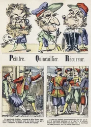 Bokstaven P, Q och R: Målare, hårdvara och återställare. Alfabetet i den östra berättelsen. Avbildning av Epinal, cirka 1890. Populär serie. Litet häfte på 8 sidor. Mått: 205x150mm. Stencilerade trästick på temat metier