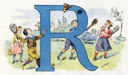Bokstaven R: Flygande racket. Alfabetet av Phosphatine Falieres. Gravyr. Brevete-alfabetet S.G.D.G. av apotekaren Pierre Emile Falieres. Illustrationer i kromolitografi, sent 1800-tal. 16 sidor. Mått: 103x154mm