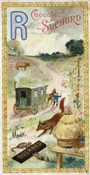 Bokstaven R: rockor, idisslare, släpvagn, bikupa, räv, råttor, ros. Gravyr av alfabetet redigerad av Chocolat Suchard, början av 1900-talet. 24 kromolitografier som representerar platser, karaktärer och föremål som ska upptäckas i bilden. Mått: 105x55mm