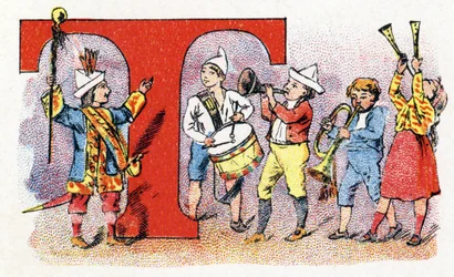 Bokstaven T: Trumpettrumma. Alfabetet av Phosphatine Falieres. Gravyr. Brevete-alfabetet S.G.D.G. av apotekaren Pierre Emile Falieres. Illustrationer i kromolitografi, sent 1800-tal. 16 sidor. Mått: 103x154mm