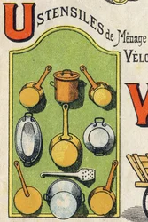 Bokstaven U. Cocote, spis, ekorre, kastrull... Gravyr i "ABC Toys". Epinal avbildning i kromolitografi, ca 1890. Litet häfte om 8 sidor. Mått: 195x135mm, avsedd att ta emot annons i 4:e omslaget. Används hemma, den erbjuder en lysande ab