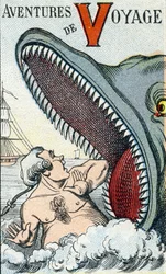 Bokstav V: Reseäventyr. Gravyr i "ABC Les Images en Alphabet". Epinal avbildning. Pellerin och Cie, tryckare-förlag, Epinal, sent 1800-tal, ca 1890. 10 sidor. Mått: 19,5 x 13,5 cm