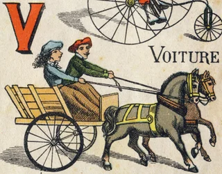 Bokstaven V för bil. Gravyr i "ABC Toys". Epinal avbildning i kromolitografi, ca 1890. Litet häfte om 8 sidor. Mått: 195x135mm, avsedd att ta emot annons i 4:e omslaget. Används hemma, det erbjuder en lysande abecedary och en liten läser mig