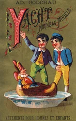 Bokstaven Y: Yacht ny modell. Gravyr i "Alphabet des grotesques". Serie om 25 reklamkromolitografier på en dore-bakgrund, sent 1800-tal. Mått: 11x7 cm