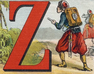 Bokstav Z: Zouave. Gravyr i "Alphabet de ma petite fille". Bernardin-Bechet och Fils, bokhandlare-förlag, Paris, omkring 1895. Okrossbart album på duk. Bibliotheque des Bebes. 12 sidor. Album innehållande en läsmetod och en illustrativ abeceda