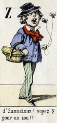 Bokstaven Z: "av Zannetons! Se 2 för en slant!! "Alfabetet "Barns kul". Avbildning av Epinal, cirka 1890. Populär serie. Litet häfte på 8 sidor. Stencilerade trästick på temat små gatumetier och Paris rop