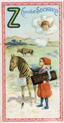 Bokstaven Z: zefir, zouave, zebu, zebra, noll. Gravyr av alfabetet redigerad av Chocolat Suchard, början av 1900-talet. 24 kromolitografier som representerar platser, karaktärer och föremål som ska upptäckas i bilden. Mått: 105x55mm