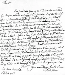 Brev skrivet av David Hume till Richard Davenport som hänvisar till de stora svårigheterna i hans förhållande till Jean-Jacques Rousseau, Rousseaus vägran att acceptera pension och hans gräl med Hume, 8 juli