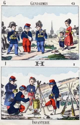 Bokstäver G H I: Gendarmer och infanteri. Gravyr i "Alphabet militaire enfantin". Bildspråk av Pont-a-Mousson, cirka 1890. 20 sidor. Mått: 28,5x21cm