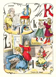 Bokstäverna J K och L som journal, kalejdoskop och sånglekon. Gravyr i "Roligt alfabet". Avbildning av Pont-a-Mousson. Tryckning och utgivning Louis Vagne, slutet av 1800-talet