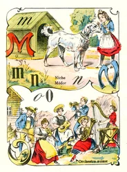 Bokstäverna M N och O som Medor, Niche och Swiss Orchestra. Gravyr i "Roligt alfabet". Avbildning av Pont-a-Mousson. Tryckning och utgivning Louis Vagne, slutet av 1800-talet