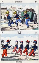 Bokstäver P Q R: Brandmän och rekryter. Gravyr i "Alphabet militaire enfantin". Bildspråk av Pont-a-Mousson, cirka 1890. 20 sidor. Mått: 28,5x21cm