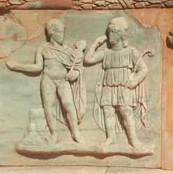 Libyen, historiska Tripolitania, antika Sabratha, teater, detalj av lättnad