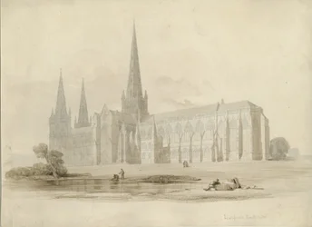 Lichfield Cathedral - South East View: ritning och tvätt, nd [?1800-talet]