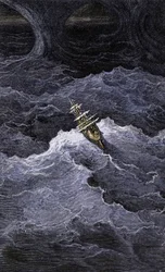 Litteratur: Båt mitt i havet. Illustration till Samuel Taylor Coleridges (1772-1834) roman "Rime of the Ancient Mariner". Gravyr i färg efter en illustration av Gustave Dore.