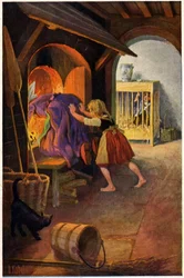 Litteratur. Saga. Hans och Gretel och häxan. Illustration av Otto Kubel till berättelsen om bröderna Grimm. Vykort, Tyskland, ca 1900 (vykort)