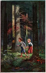 Litteratur. Sagor. Hans och Greta vilse i skogen. Illustration av Otto Kubel till Bröderna Grimms saga. Vykort, Tyskland, cirka 1900.