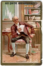 Litteratur. Den franske filosofen Denis Diderot. Bild från varuhus i Paris: Aux Quatre Arrondissements, Frankrike, ca 1900